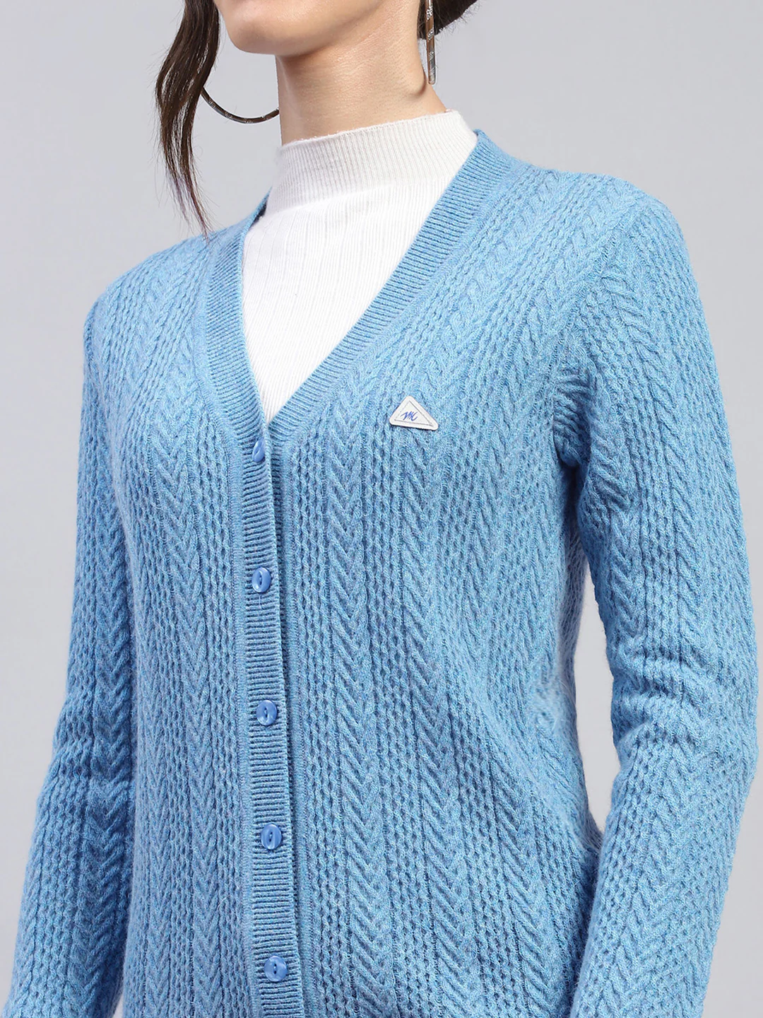 Women Blue Self Design V Neck Full Sleeve Cardigan - Image 6