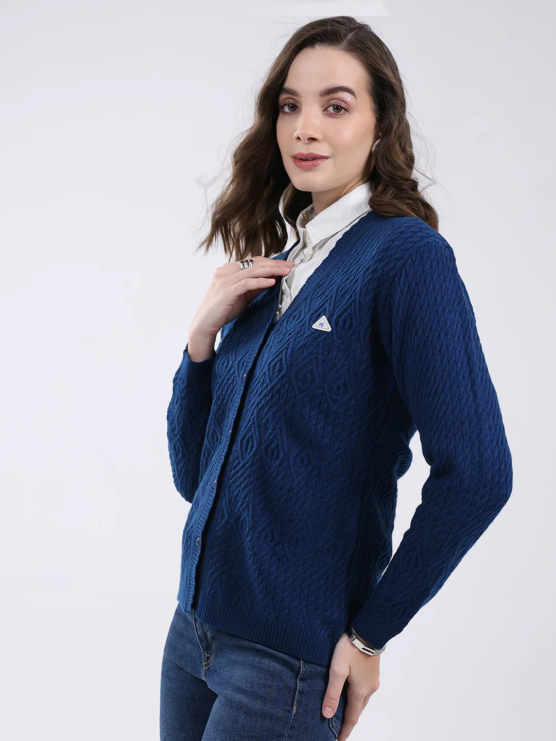 Women Blue Self Design V Neck Full Sleeve Cardigan - Image 3