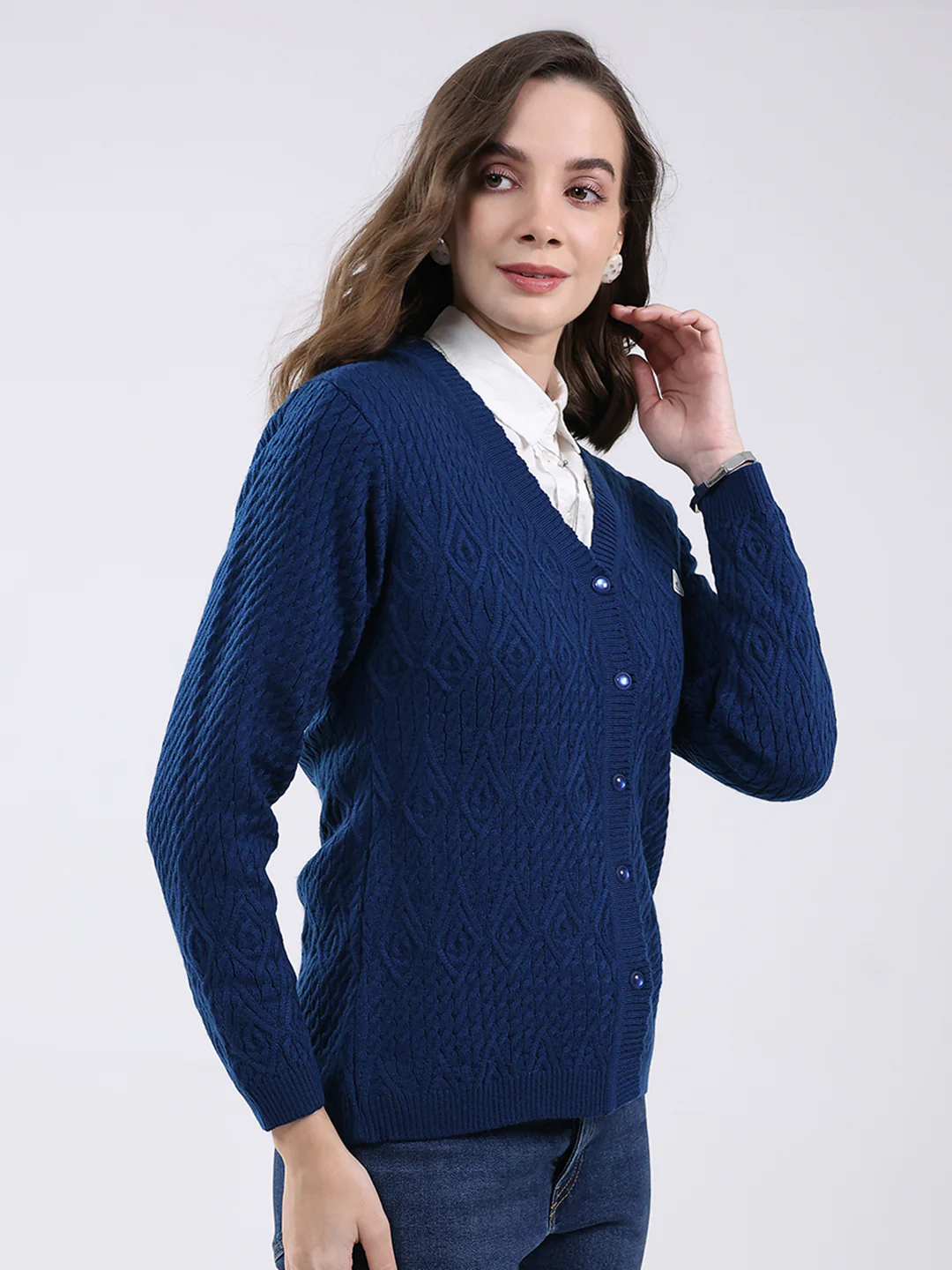 Women Blue Self Design V Neck Full Sleeve Cardigan - Image 4