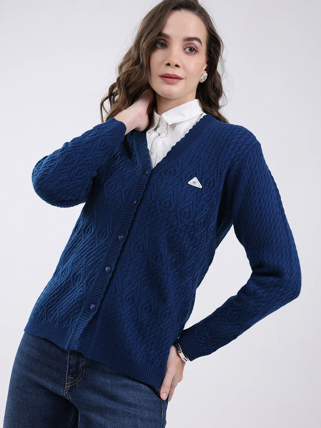 Women Blue Self Design V Neck Full Sleeve Cardigan - Image 7