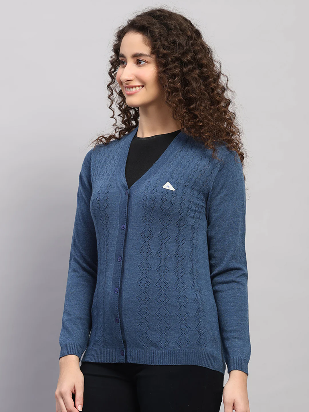 Women Blue Self Design V Neck Full Sleeve Cardigan - Image 3