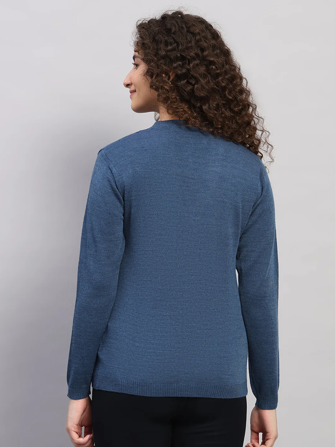 Women Blue Self Design V Neck Full Sleeve Cardigan - Image 5