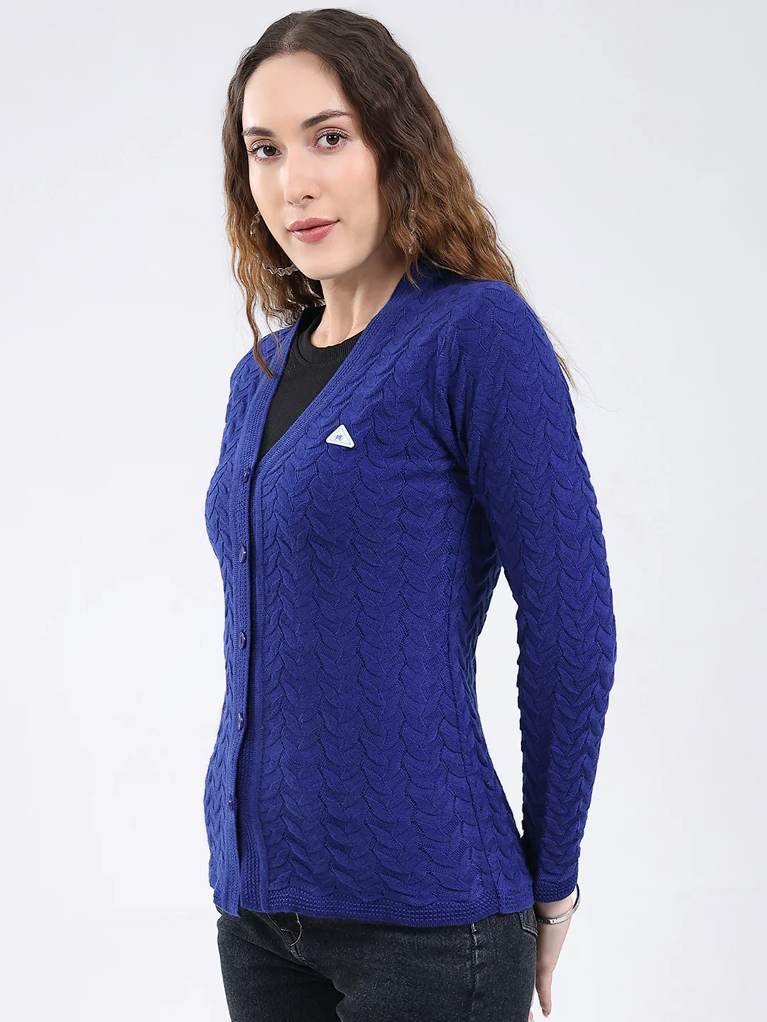 Women Blue Self Design V Neck Full Sleeve Cardigan - Image 3