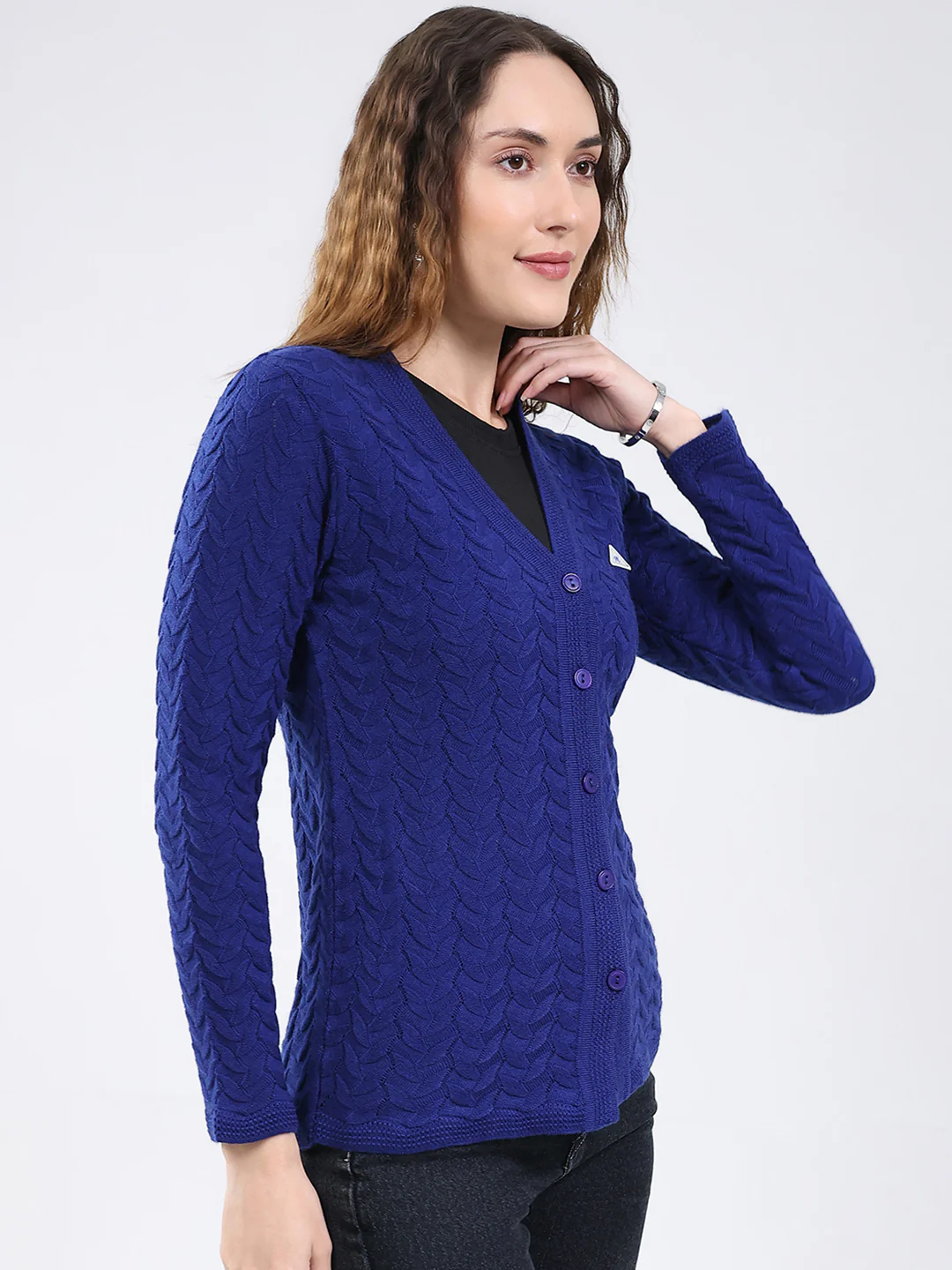 Women Blue Self Design V Neck Full Sleeve Cardigan - Image 4