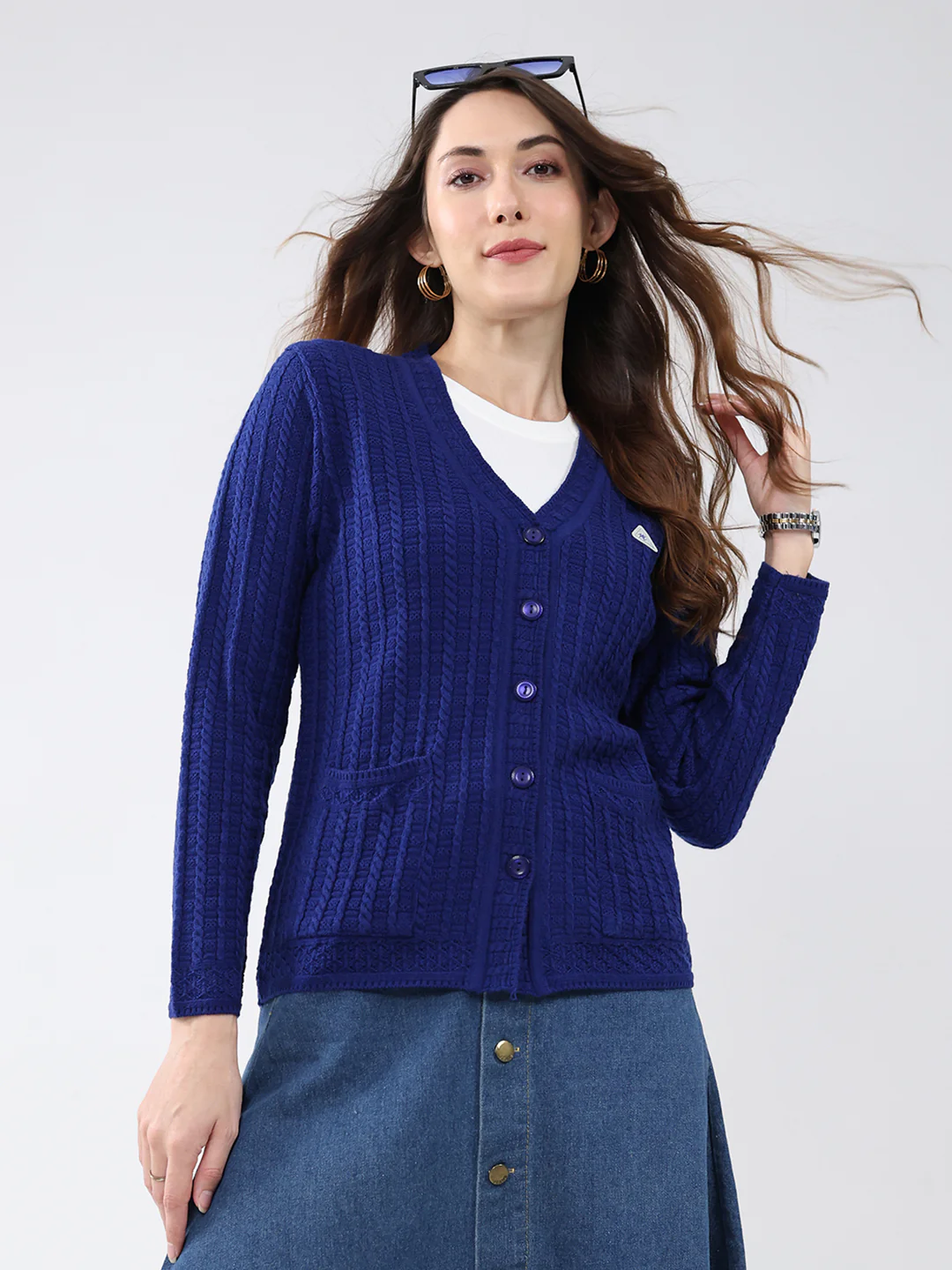 Women Blue Self Design V Neck Full Sleeve Cardigan - Image 6