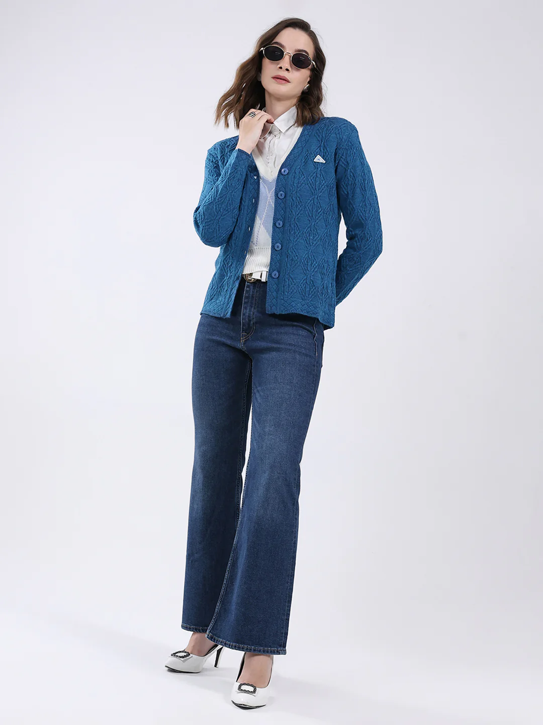 Women Blue Self Design V Neck Full Sleeve Cardigan - Image 2