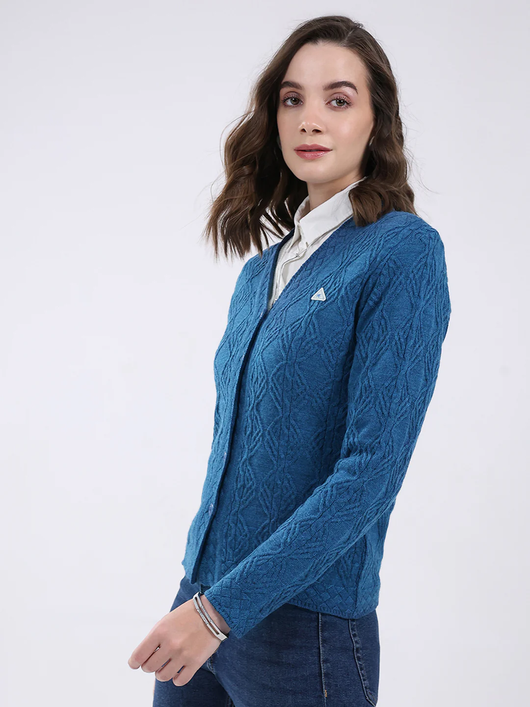 Women Blue Self Design V Neck Full Sleeve Cardigan - Image 3