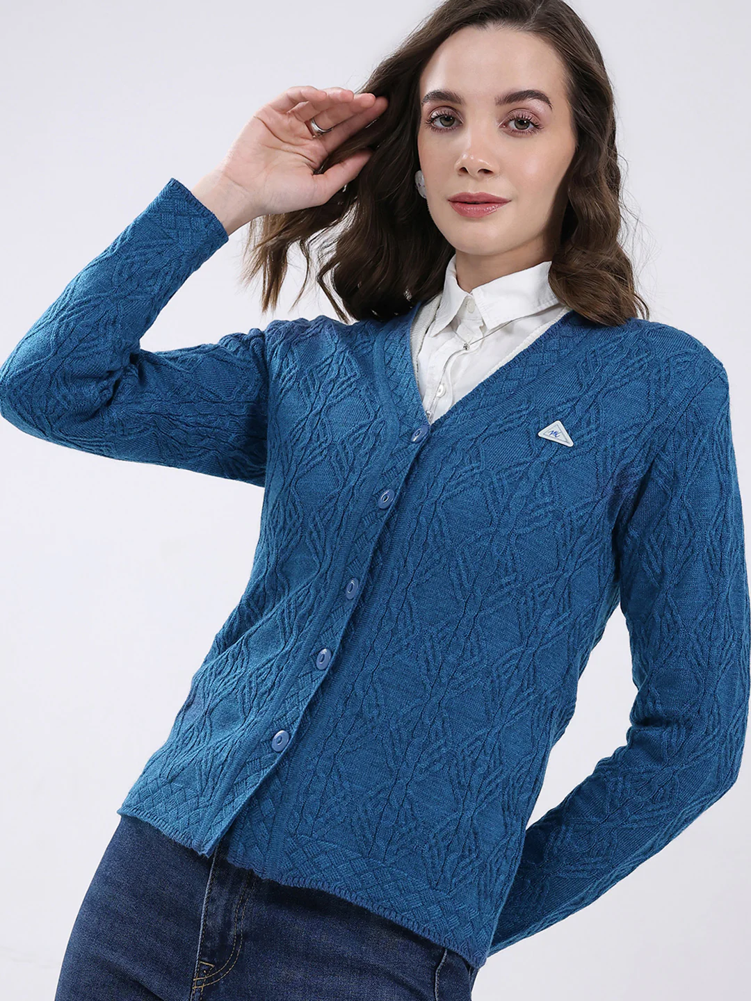 Women Blue Self Design V Neck Full Sleeve Cardigan - Image 7