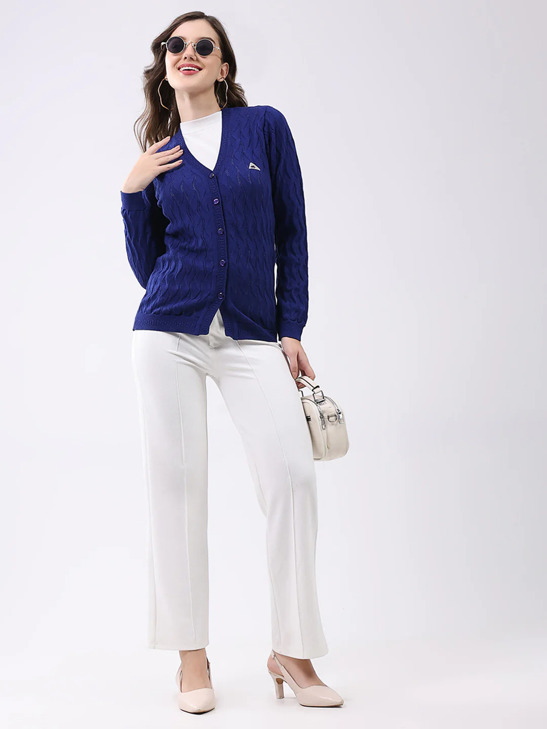 Women Blue Self Design V Neck Full Sleeve Cardigan - Image 2