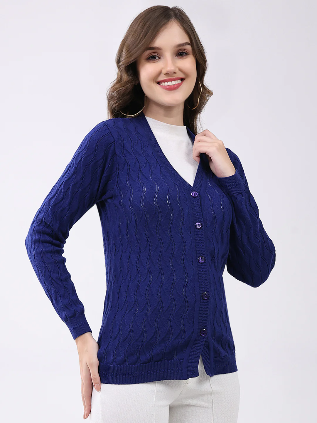 Women Blue Self Design V Neck Full Sleeve Cardigan - Image 4