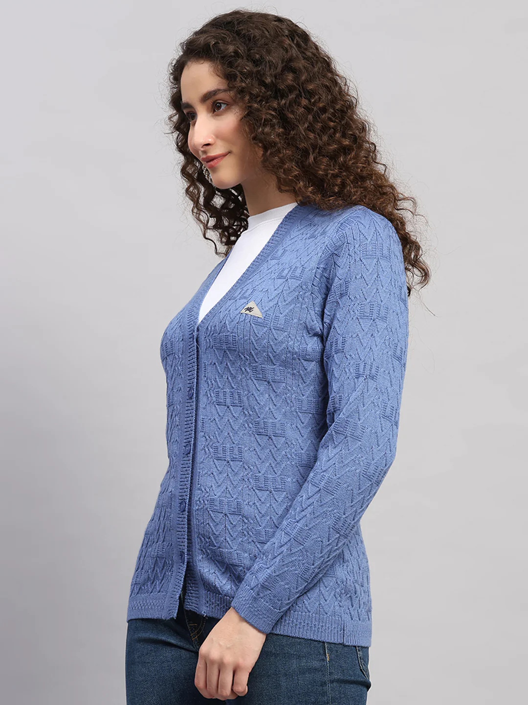 Women Blue Self Design V Neck Full Sleeve Cardigan - Image 3