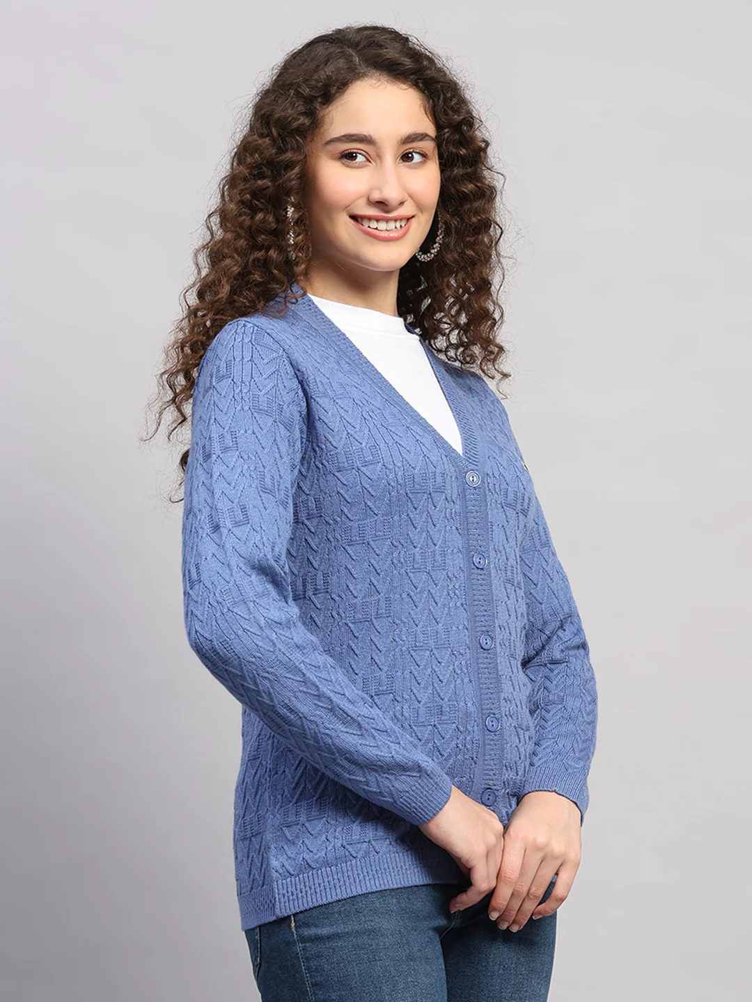 Women Blue Self Design V Neck Full Sleeve Cardigan - Image 4