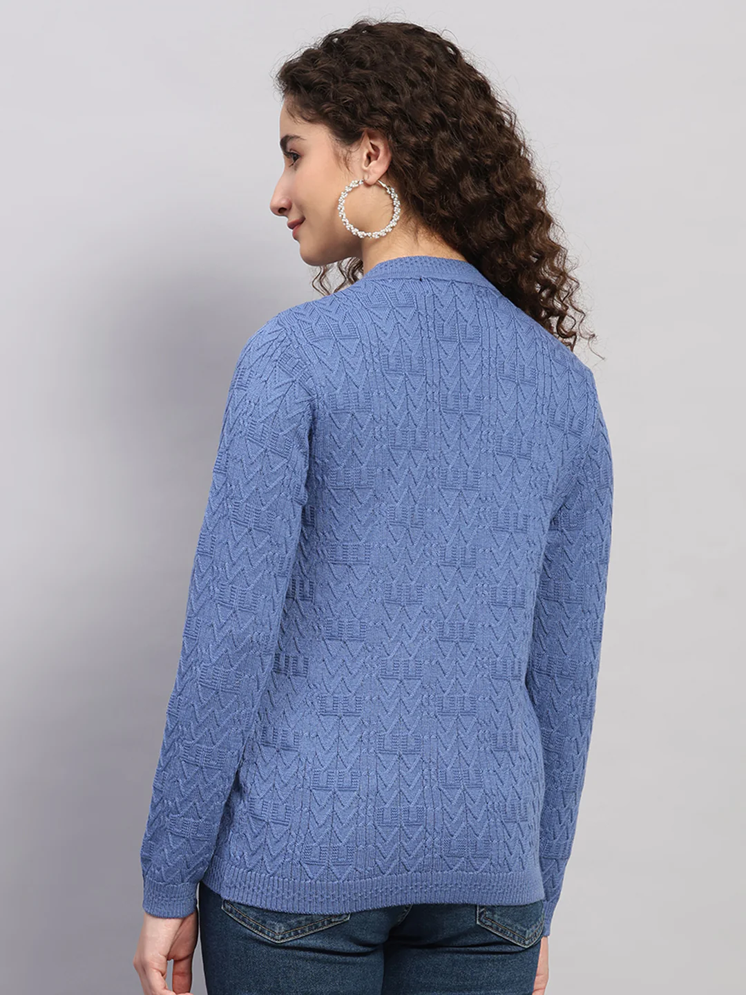 Women Blue Self Design V Neck Full Sleeve Cardigan - Image 5