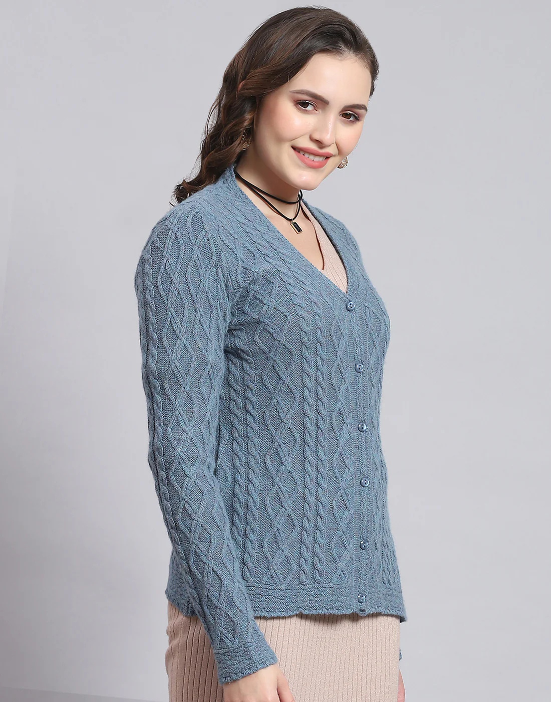 Women Blue Self Design V Neck Full Sleeve Sweater - Image 5