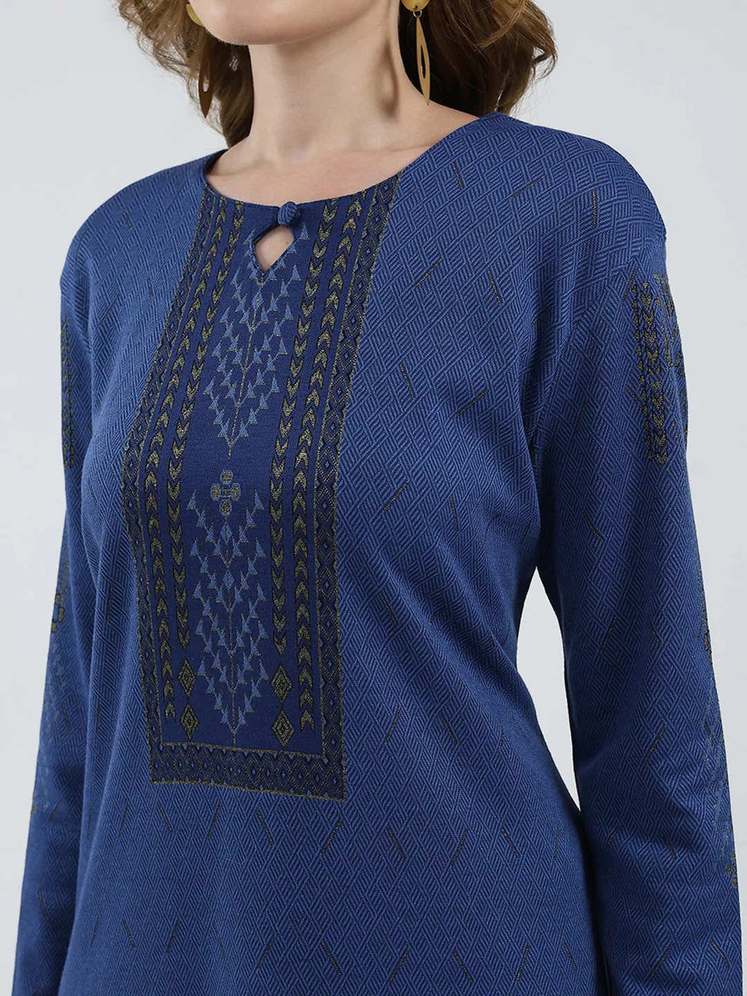 Women Blue Self Design Round Neck Full Sleeve Winter Kurti - Image 6