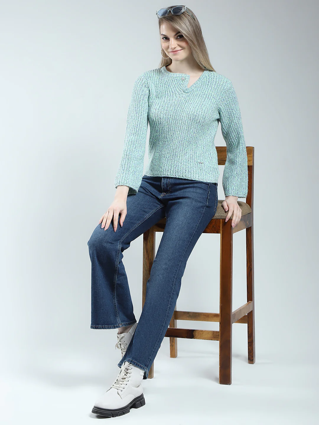 Women Blue Self Design Round Neck Full Sleeve Winter Top - Image 2