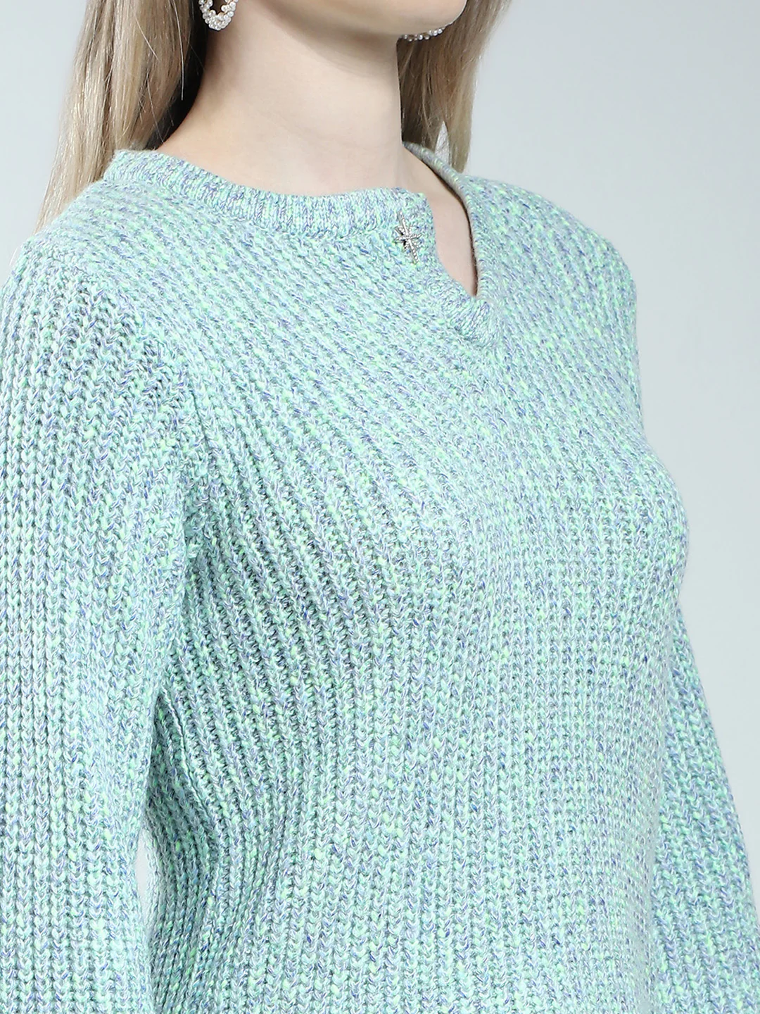 Women Blue Self Design Round Neck Full Sleeve Winter Top - Image 6