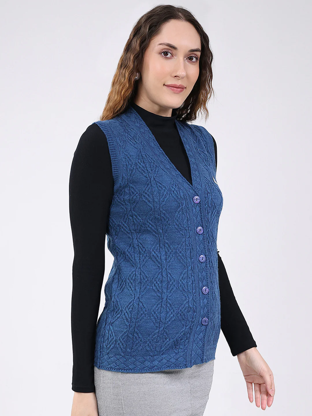 Women Blue Self Design V Neck Sleeveless Cardigan - Image 4