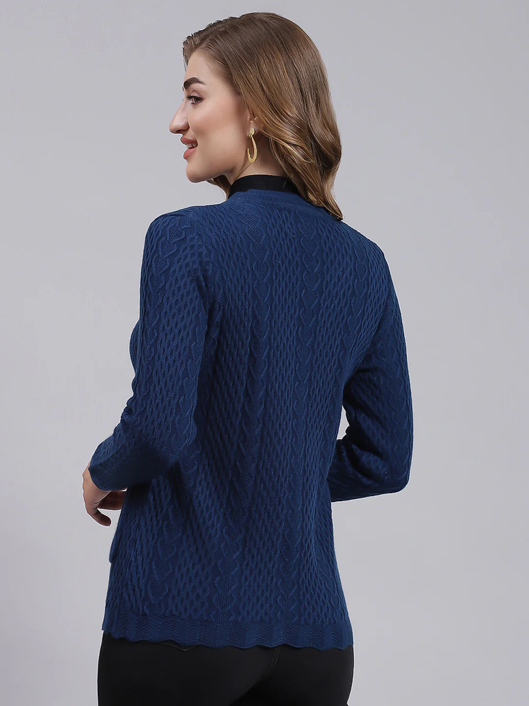Women Blue Self Design Wool blend Cardigan - Image 4