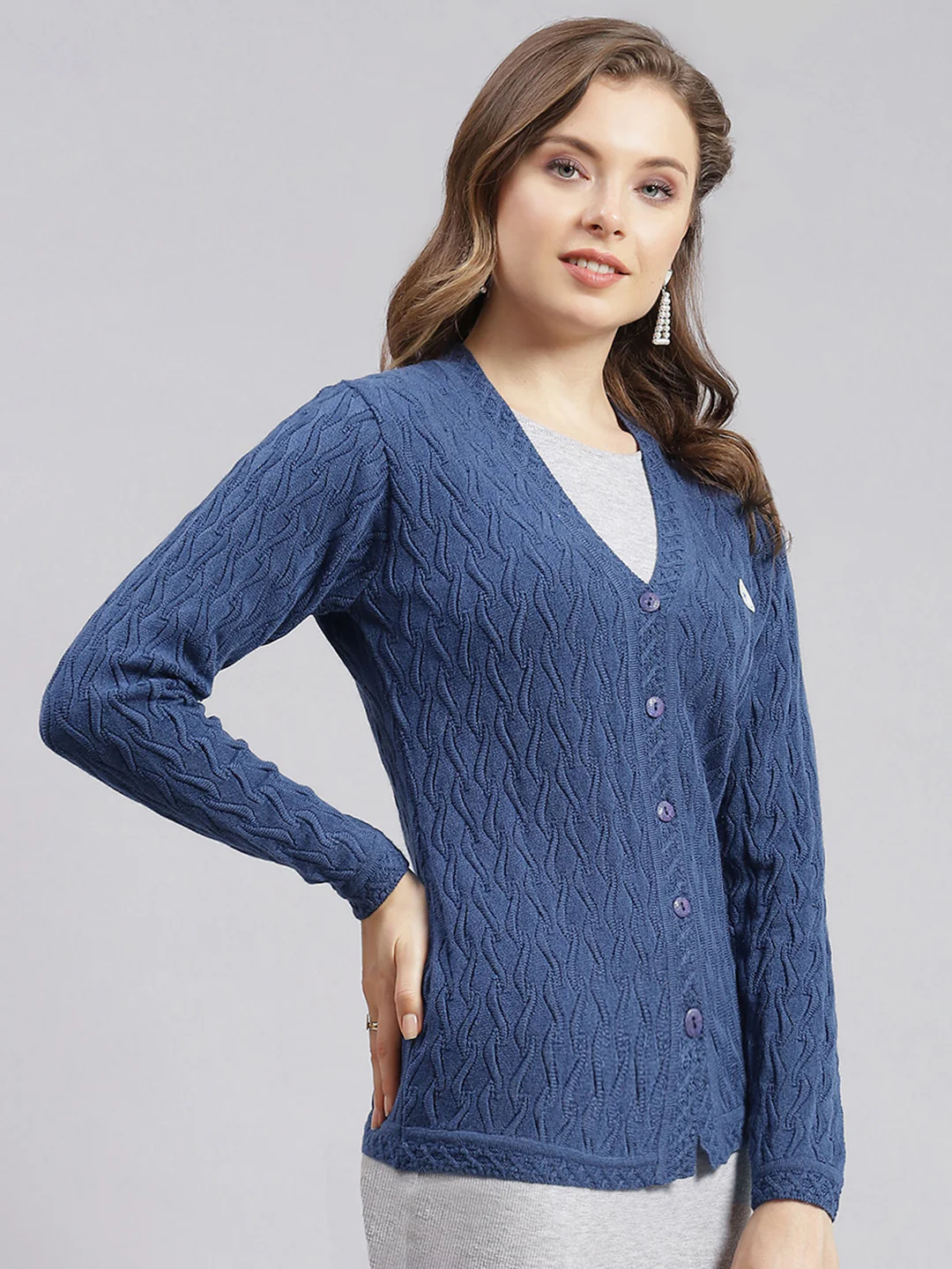 Women Blue Self Design Wool blend Cardigan - Image 2