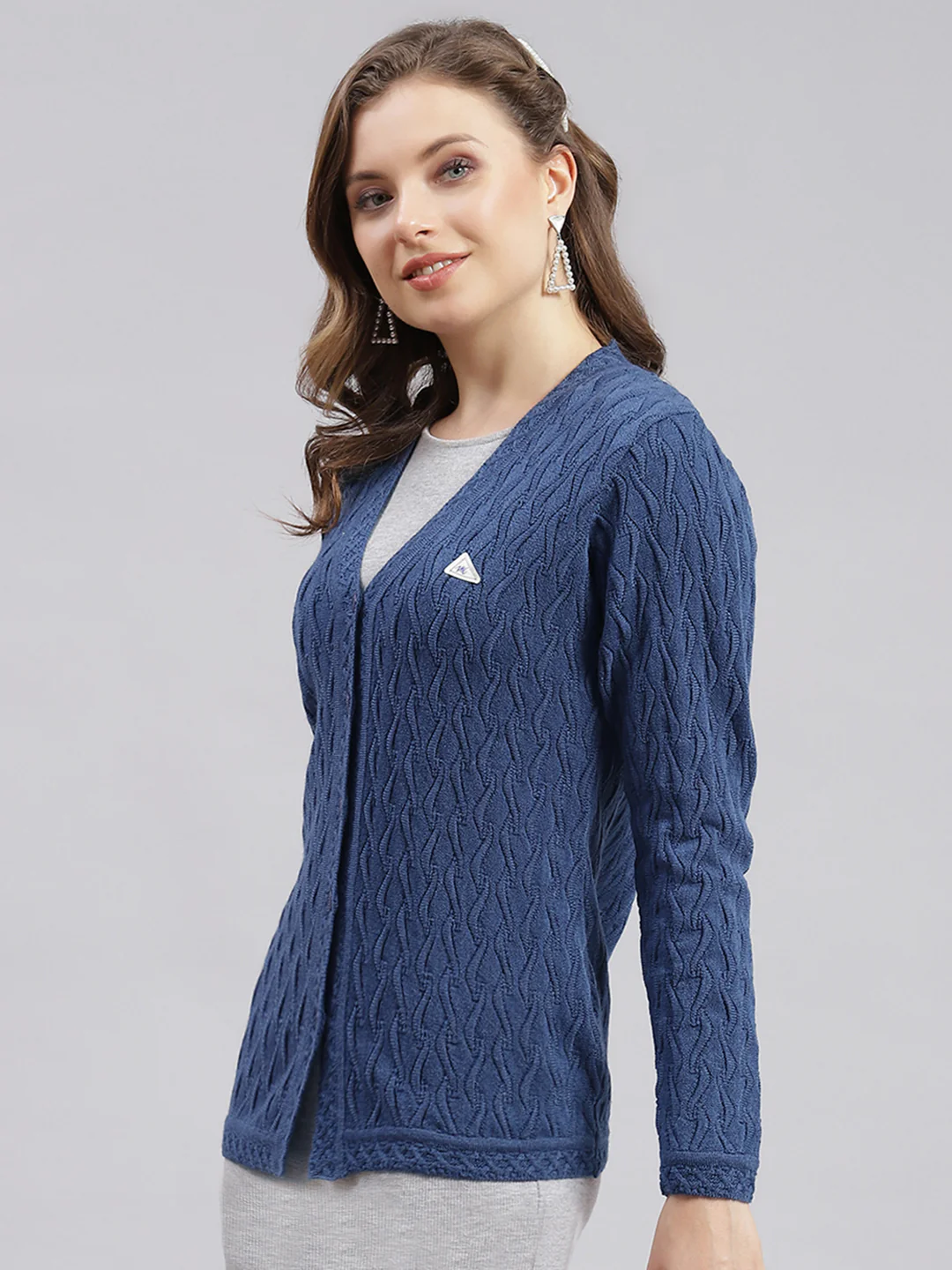 Women Blue Self Design Wool blend Cardigan - Image 3