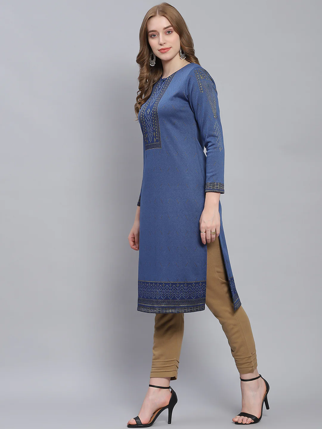 Women Blue Self Design Round Neck Full Sleeve Kurtis - Image 4