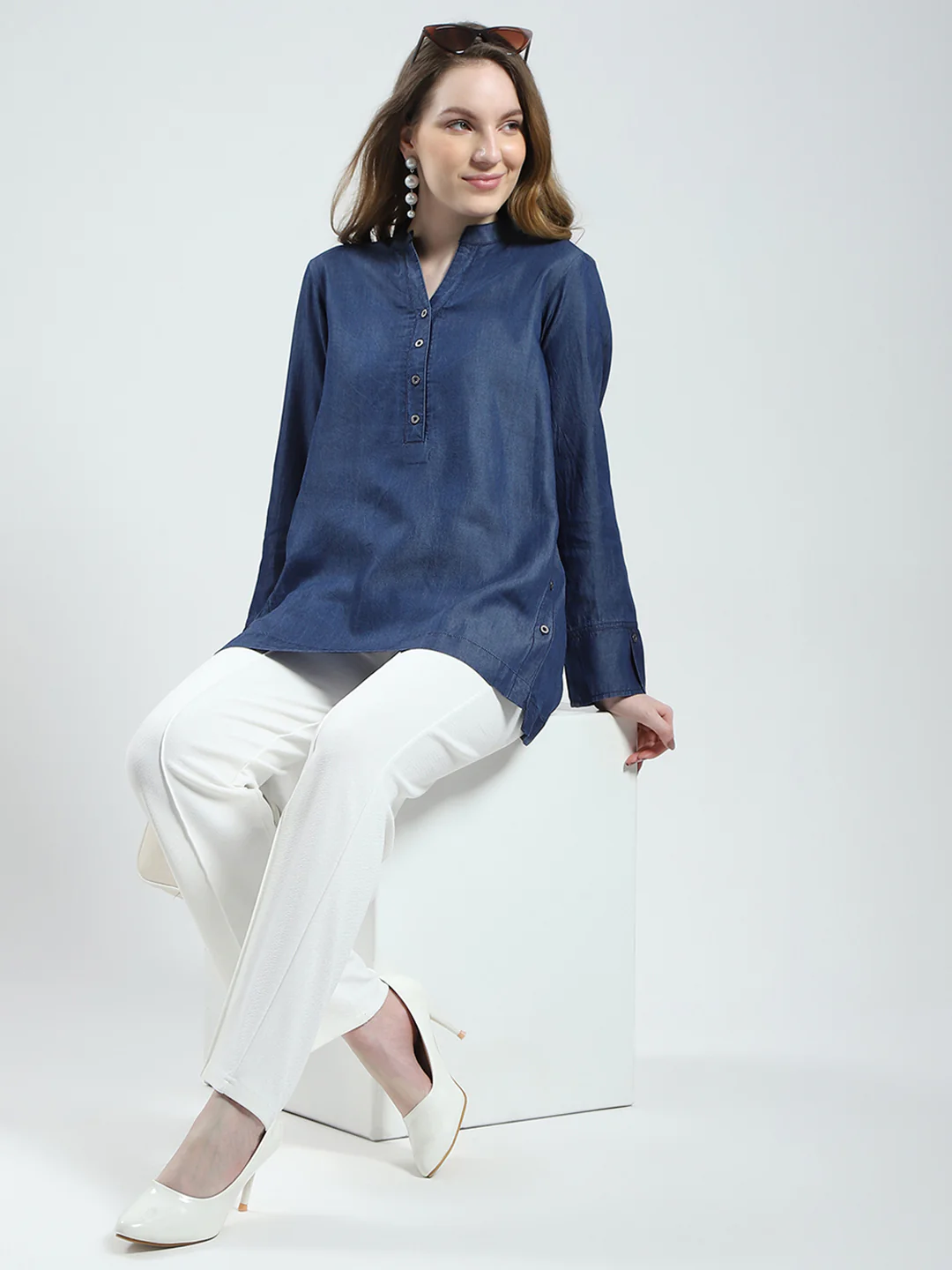 Women Blue Solid Band Collar Full Sleeve Top - Image 2