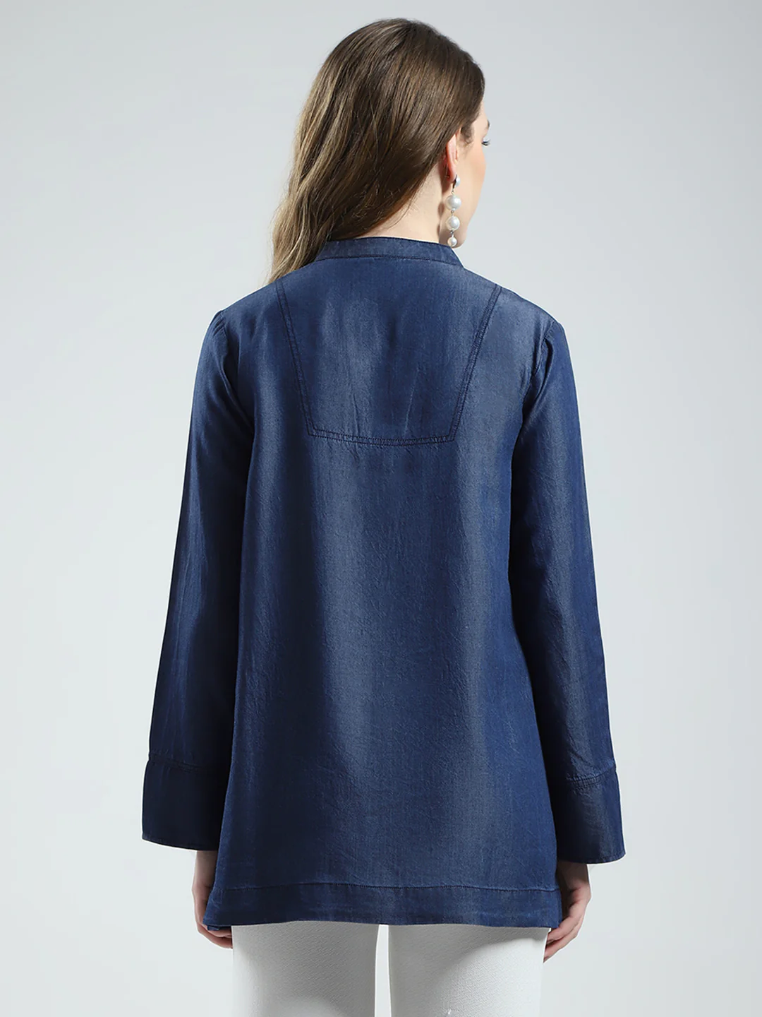 Women Blue Solid Band Collar Full Sleeve Top - Image 5