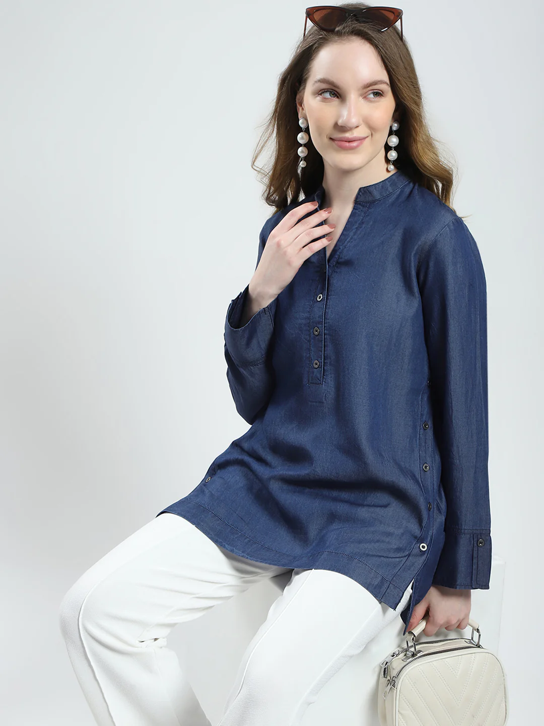Women Blue Solid Band Collar Full Sleeve Top - Image 6