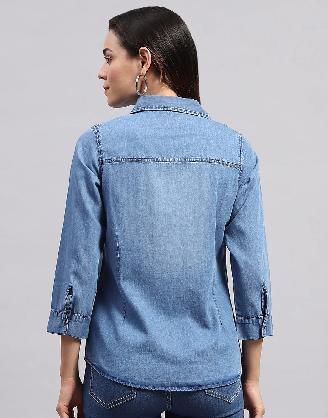 Women Blue Solid Collar 3/4 Sleeve Top - Image 5
