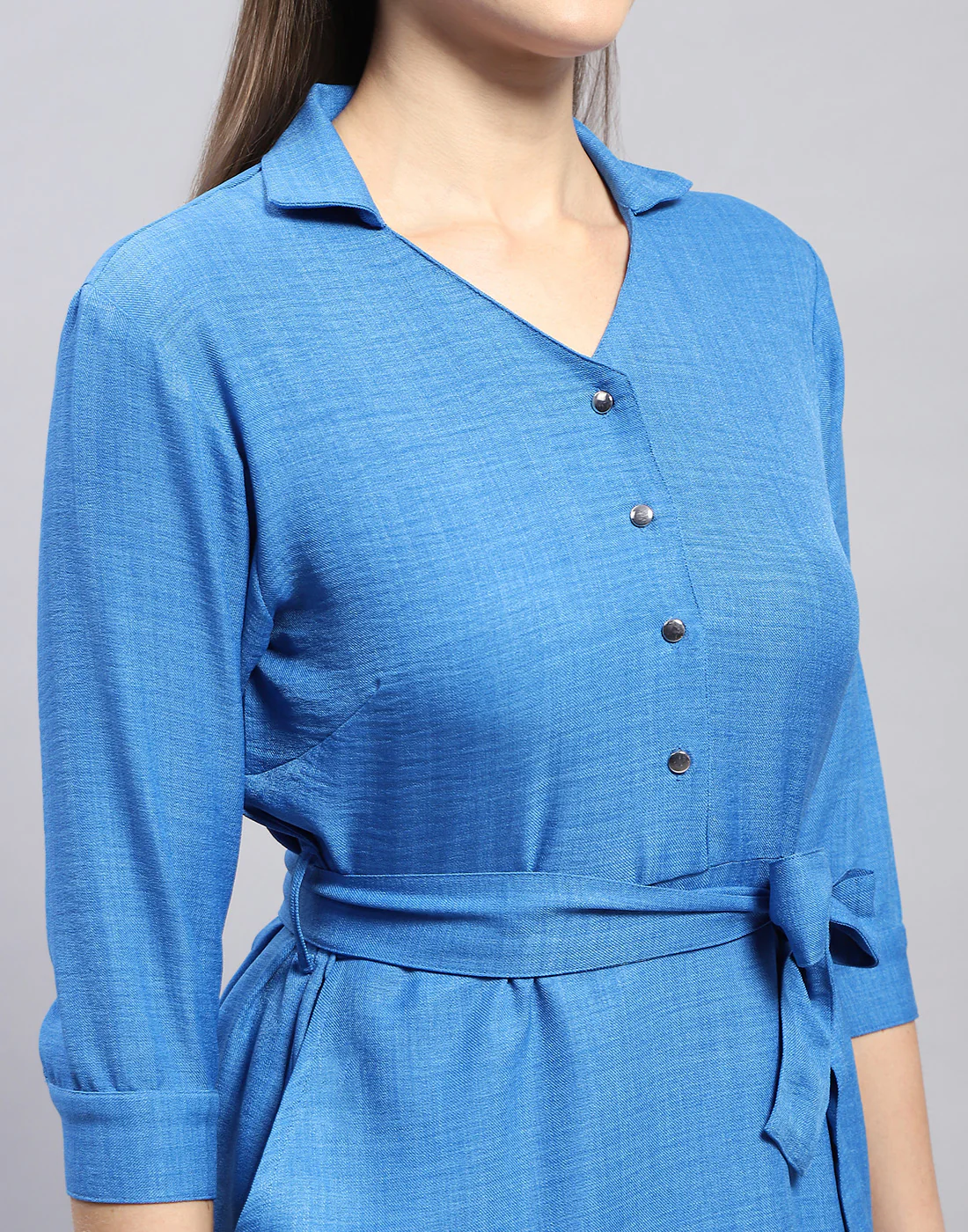 Women Blue Solid Collar 3/4 Sleeve Tunic - Image 2