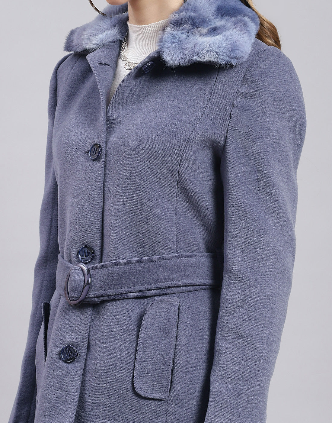 Women Blue Solid Collar Full Sleeve Coat - Image 7