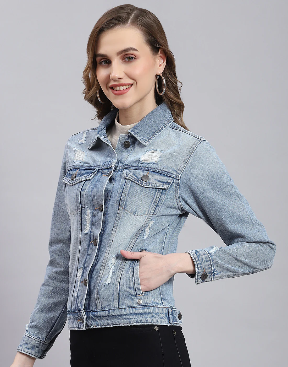 Women Blue Solid Collar Full Sleeve Jacket - Image 3