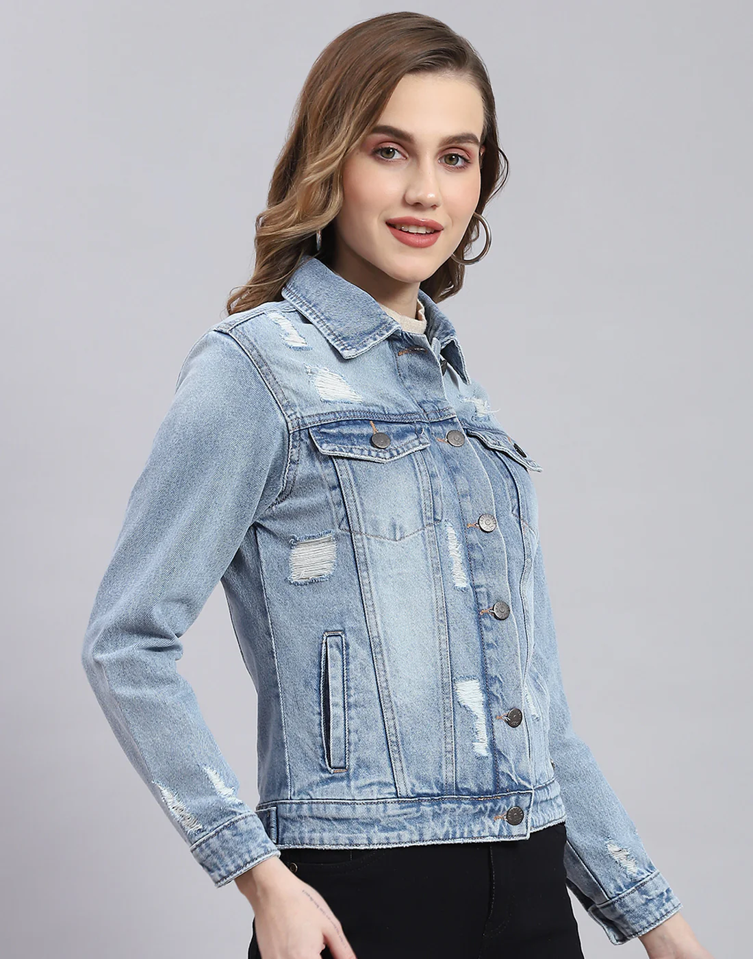 Women Blue Solid Collar Full Sleeve Jacket - Image 4