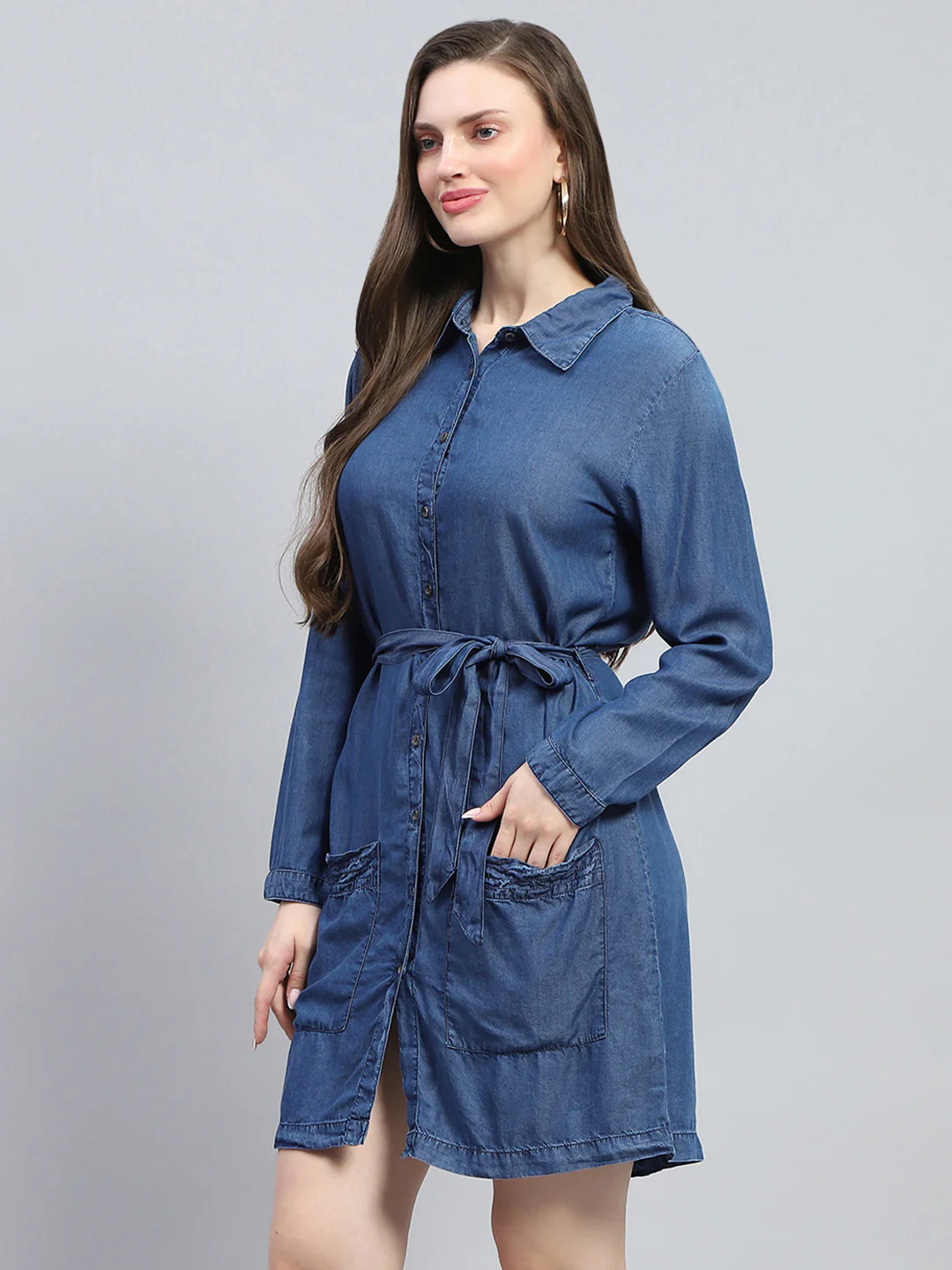 Women Blue Solid Collar Full Sleeve Tunic - Image 3