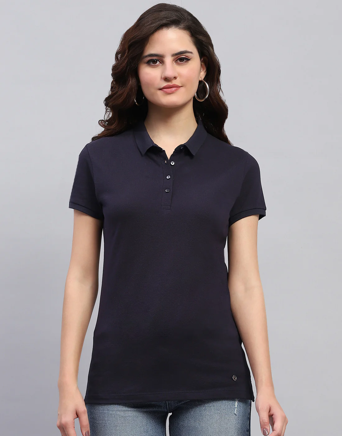 Women Blue Solid Collar Half Sleeve T-Shirt - Image 3