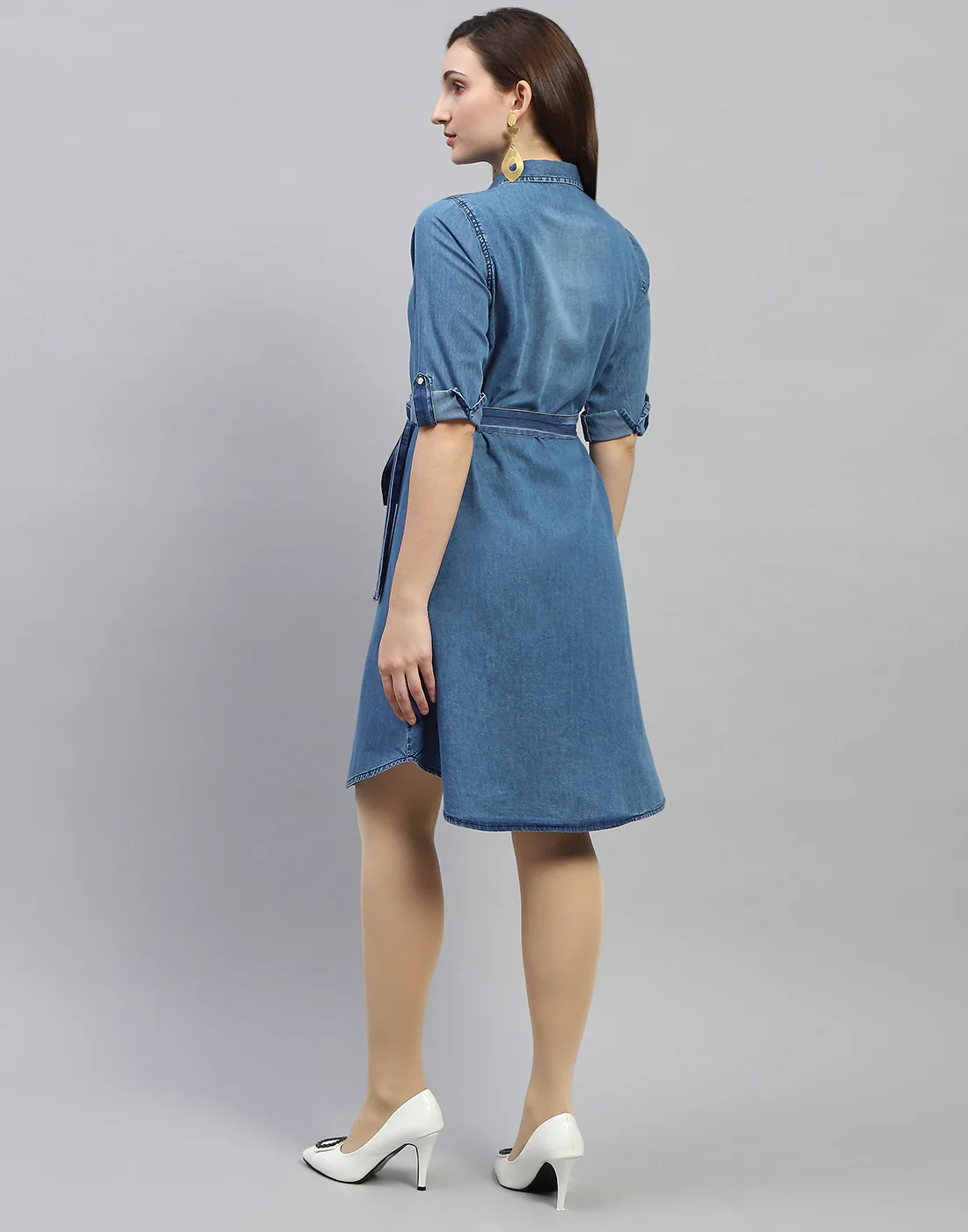 Women Blue Solid Collar Neck 3/4 Sleeve Dress - Image 6