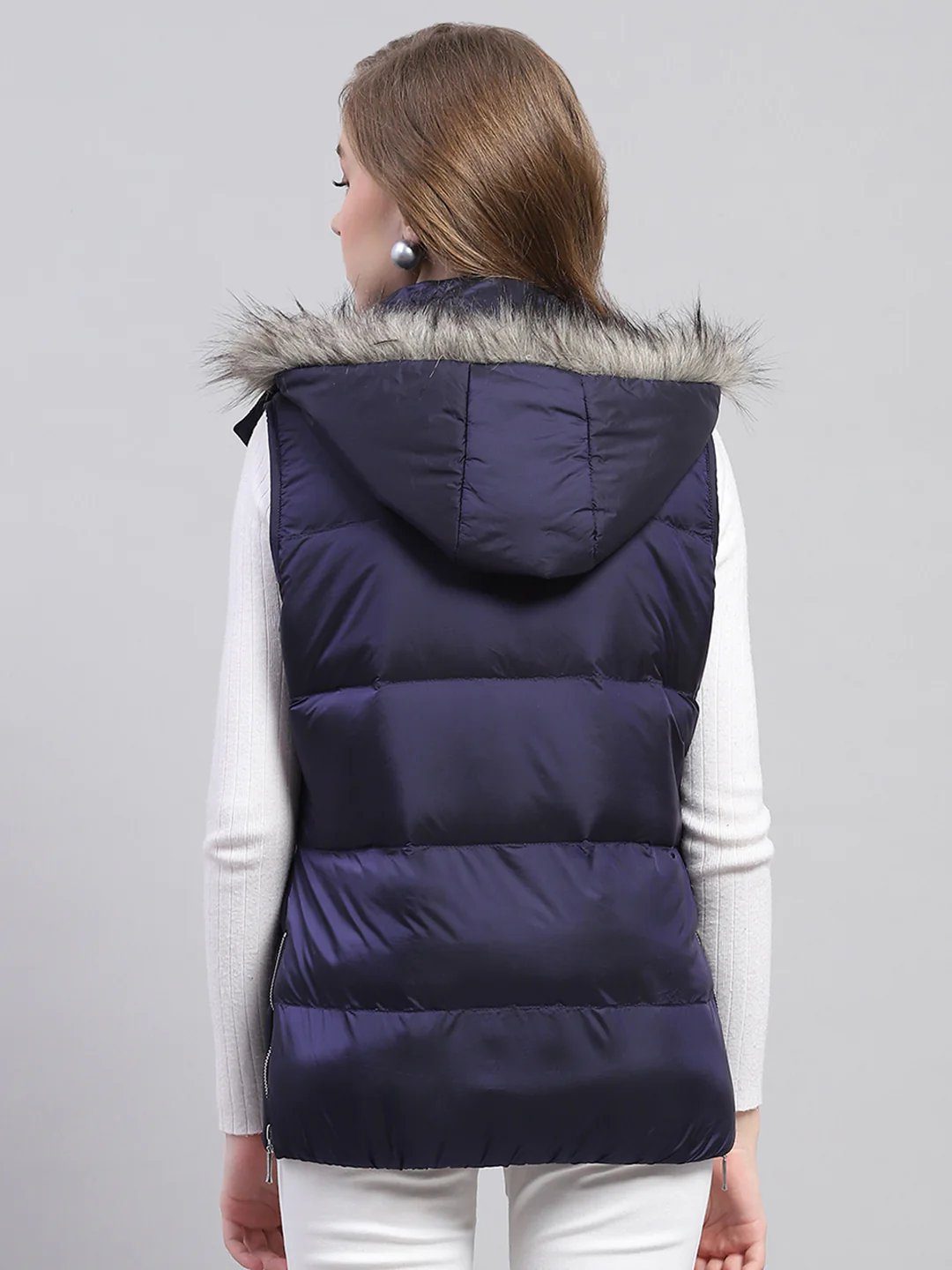 Women Blue Solid Detachable Hood Sleeveless Jacket - Image 5