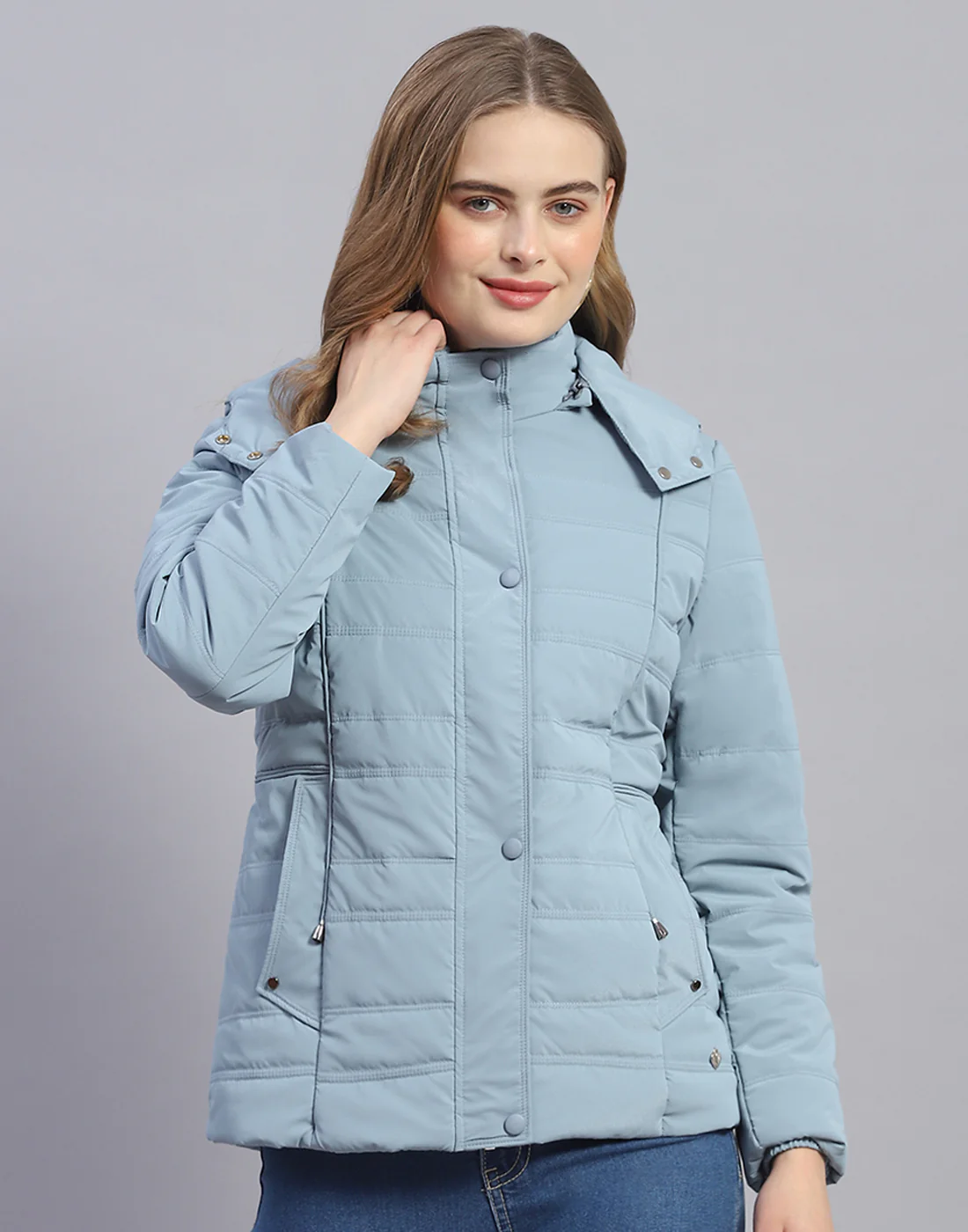 Women Blue Solid Hooded Full Sleeve Jacket - Image 2