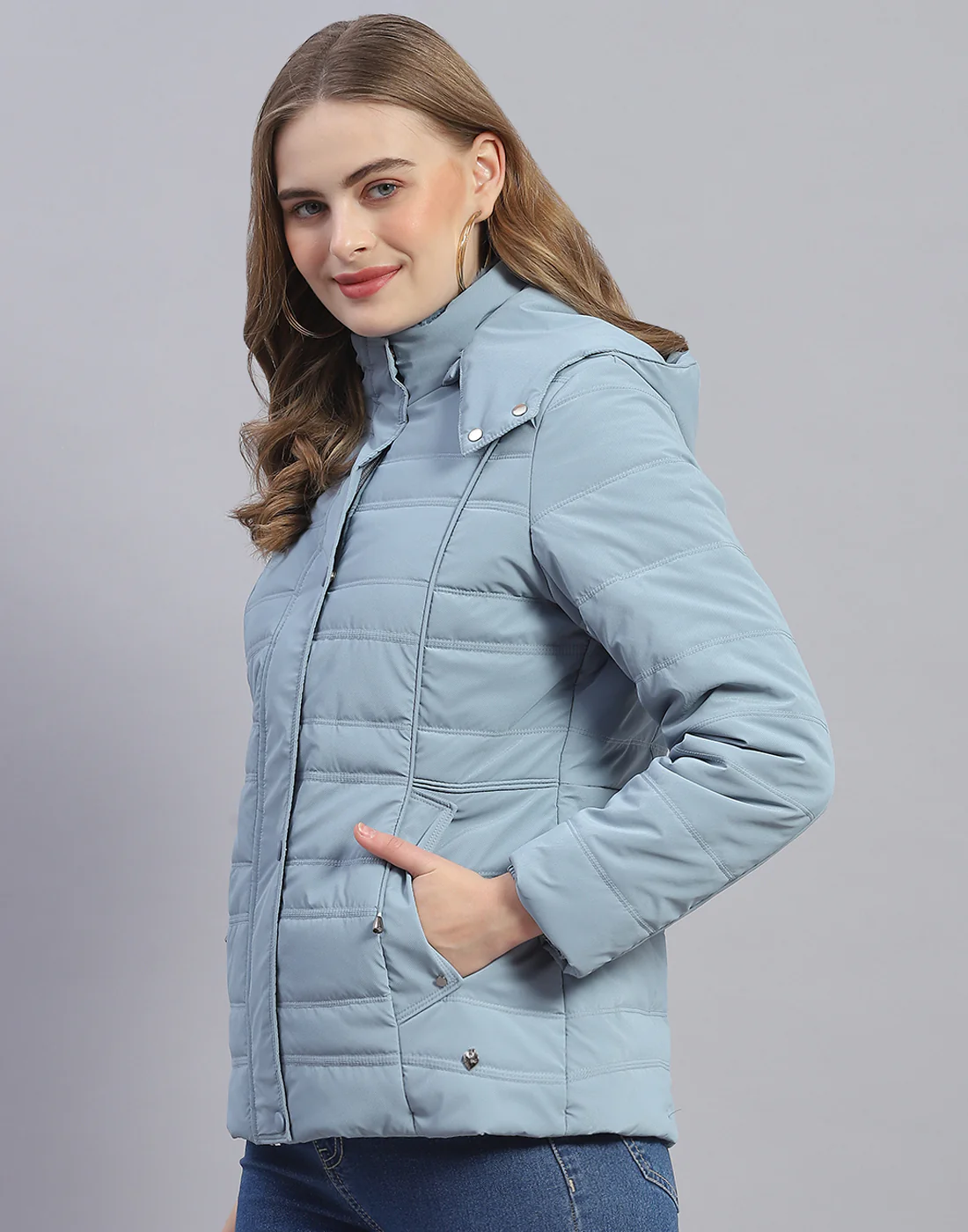 Women Blue Solid Hooded Full Sleeve Jacket - Image 3