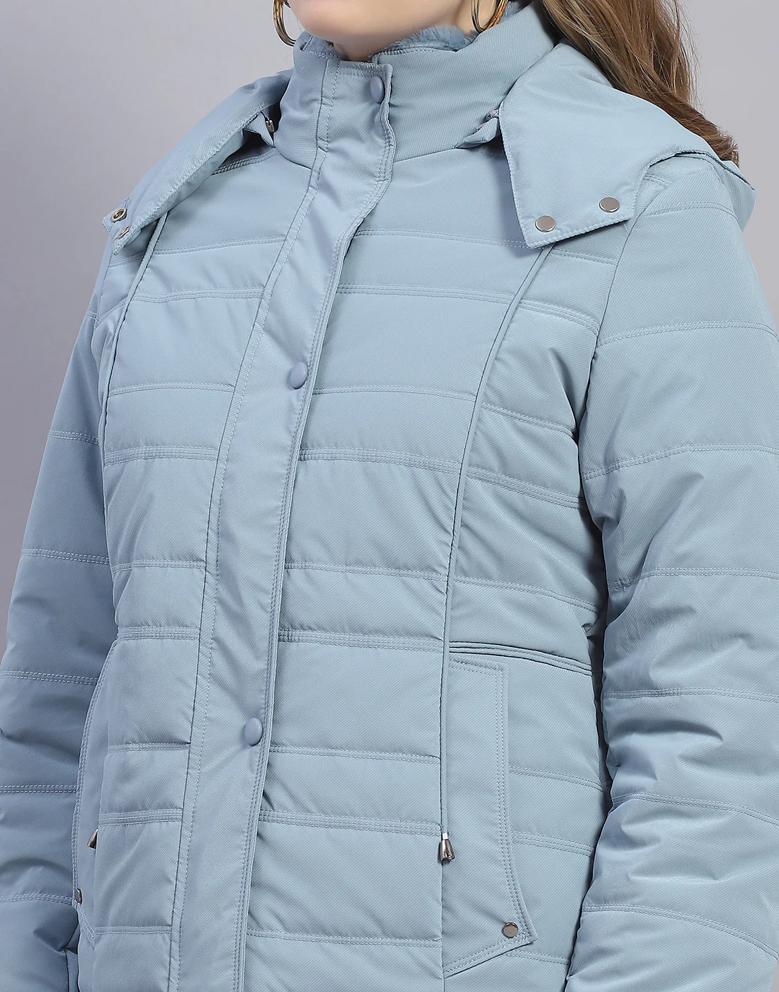 Women Blue Solid Hooded Full Sleeve Jacket - Image 8