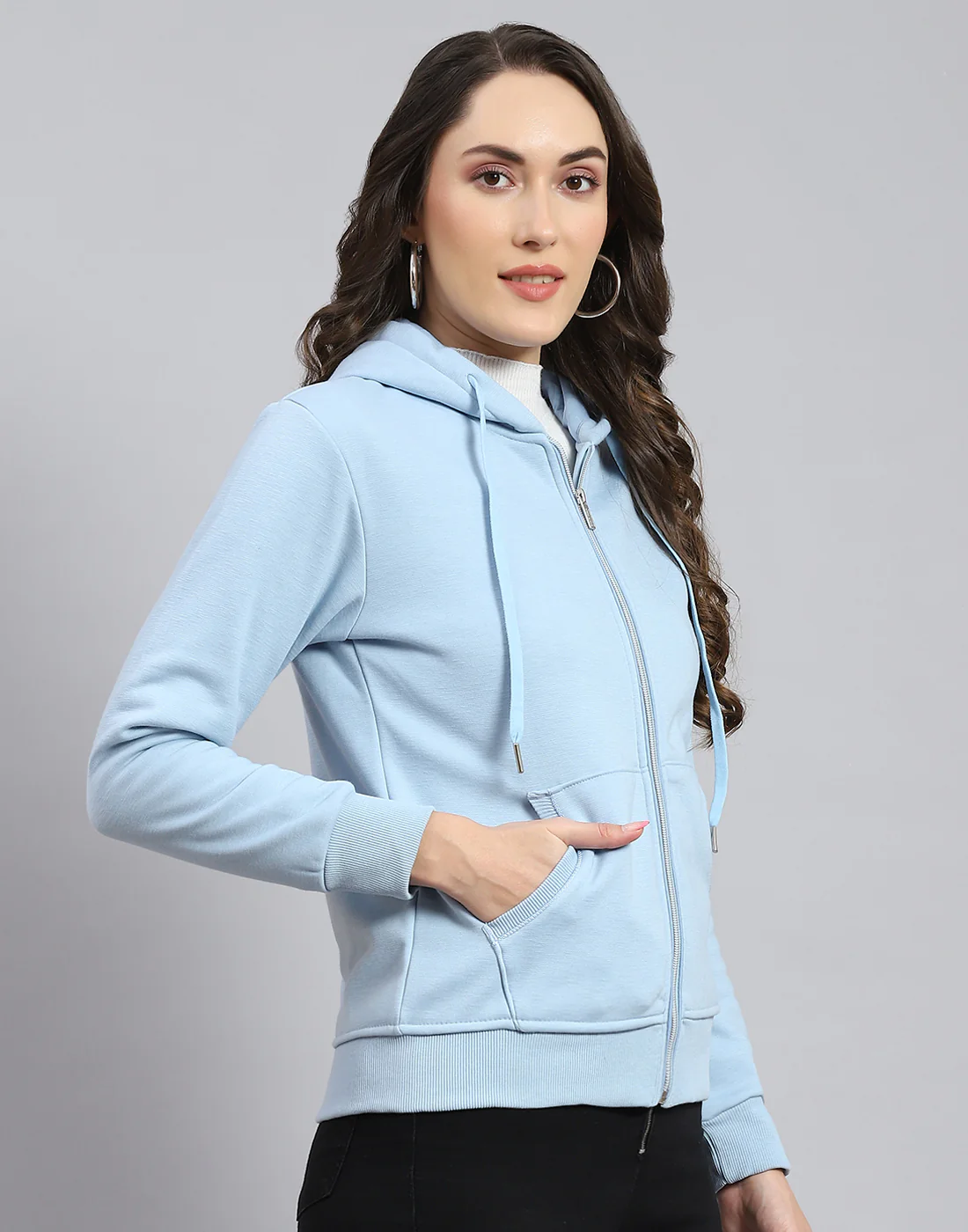 Women Blue Solid Hooded Full Sleeve Sweatshirt - Image 4