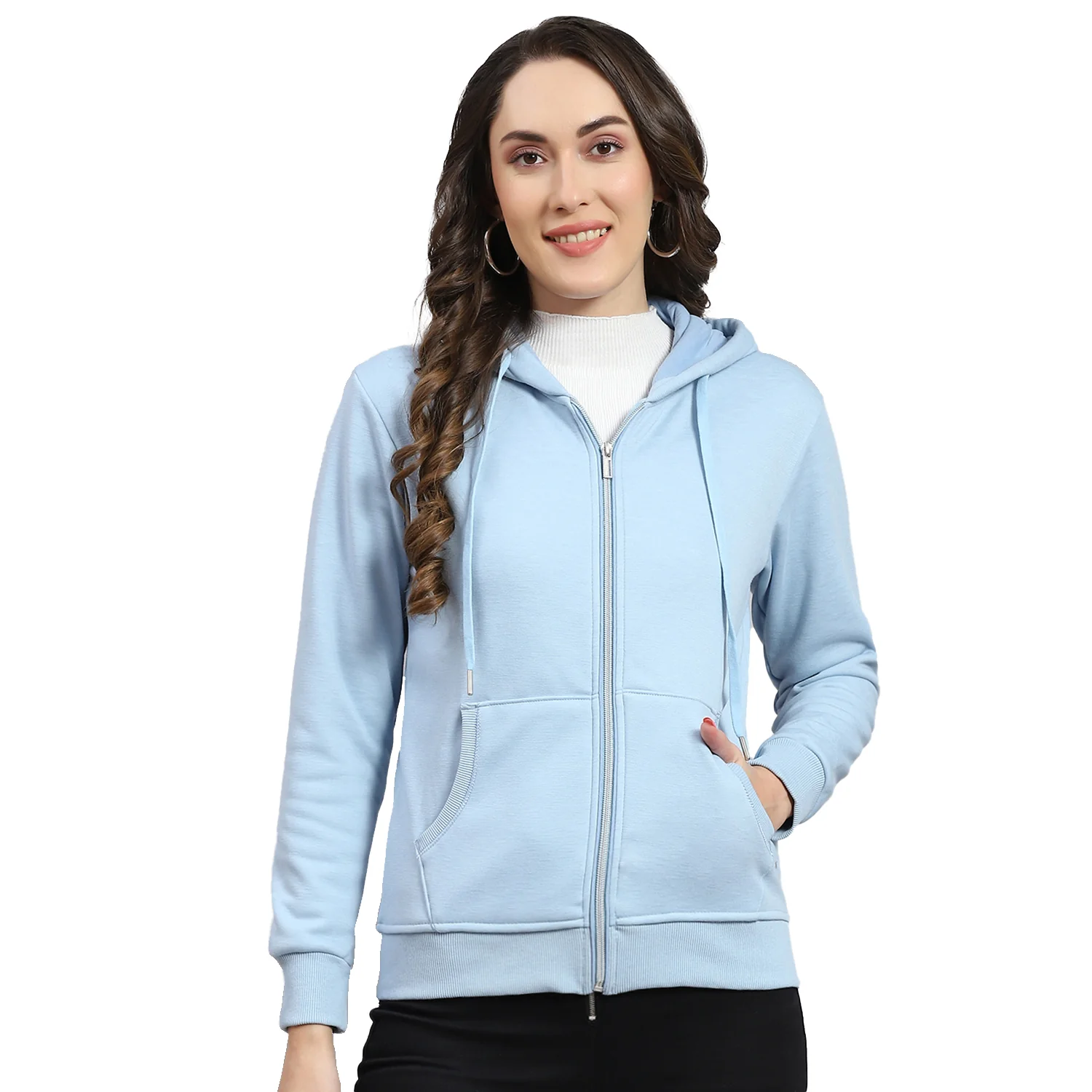 Women Blue Solid Hooded Full Sleeve Sweatshirt - Image 5