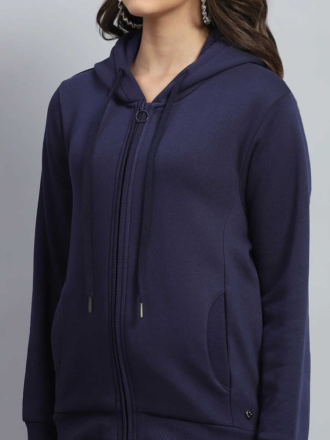 Women Blue Solid Hooded Full Sleeve Sweatshirt - Image 6