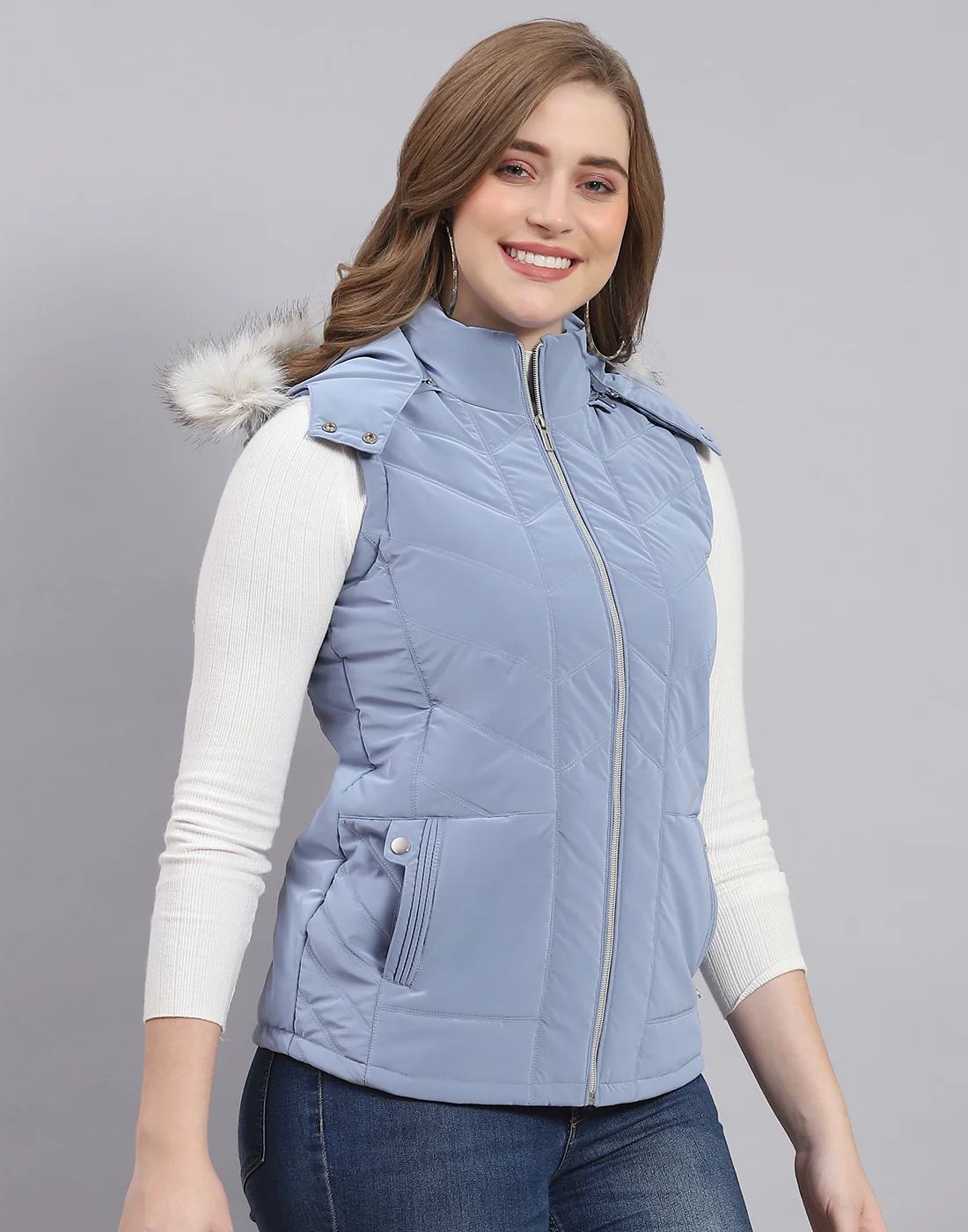 Women Blue Solid Hooded Sleeveless Jacket - Image 4