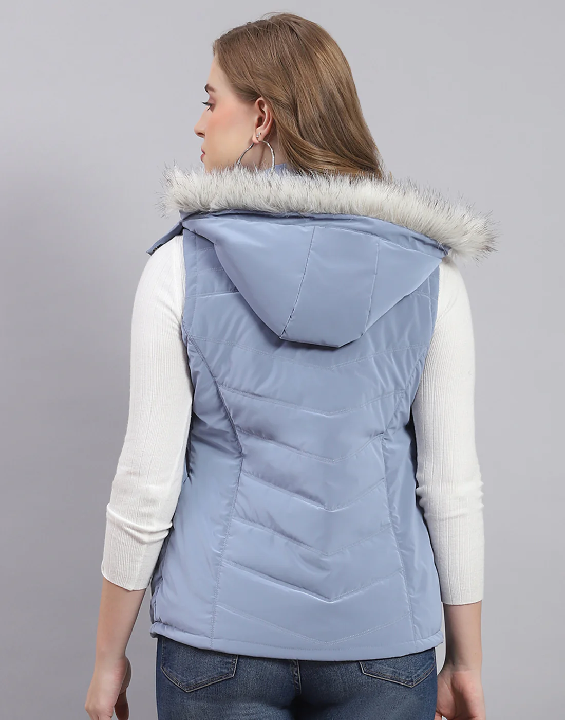 Women Blue Solid Hooded Sleeveless Jacket - Image 5