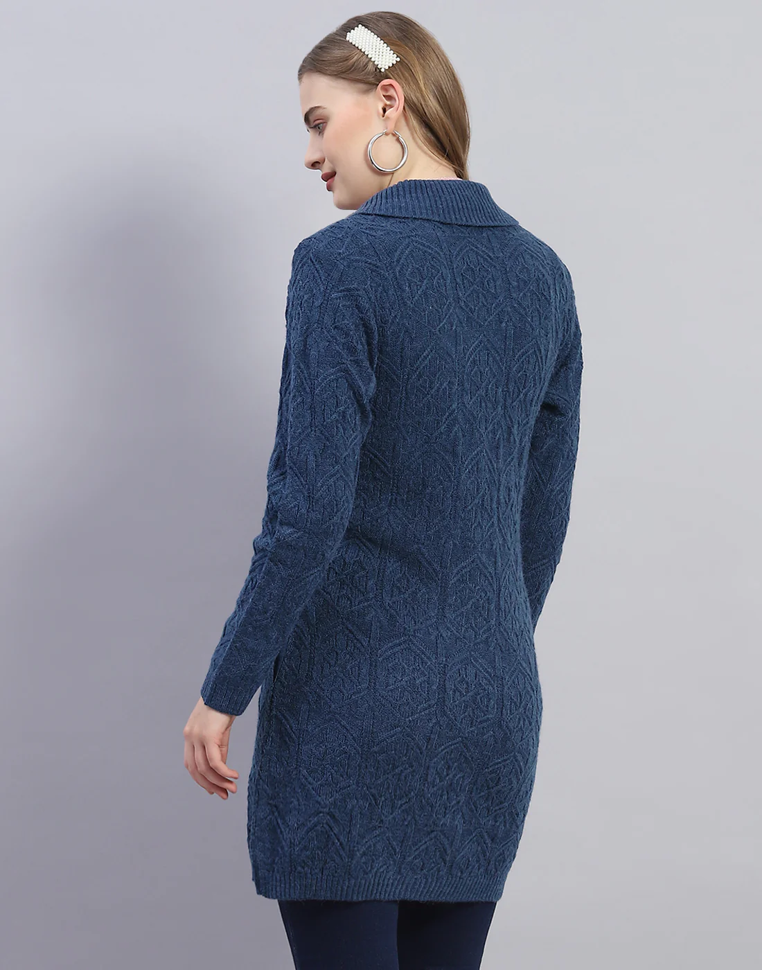 Women Blue Solid Lapel Collar Full Sleeve Cardigan - Image 5