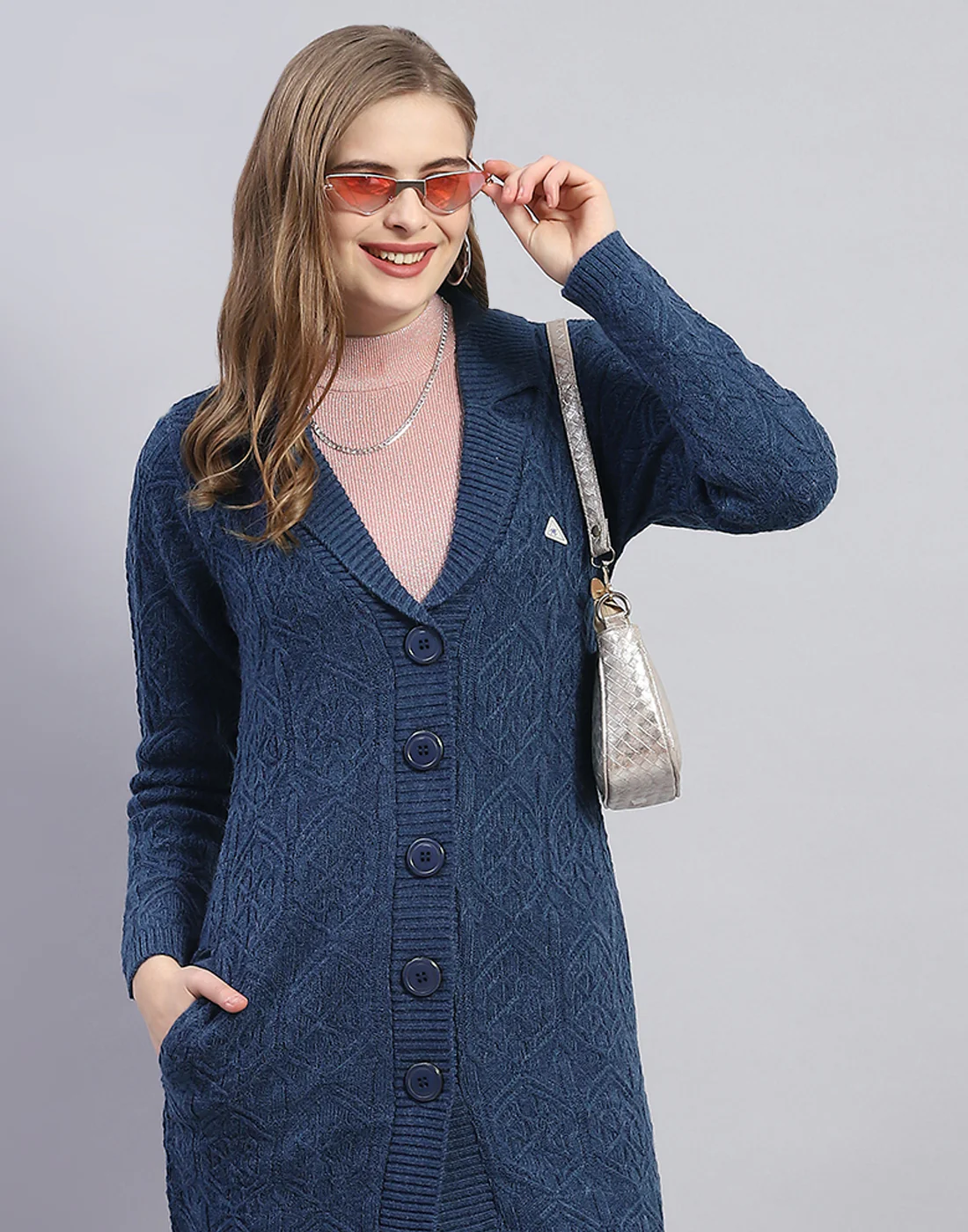 Women Blue Solid Lapel Collar Full Sleeve Cardigan - Image 6