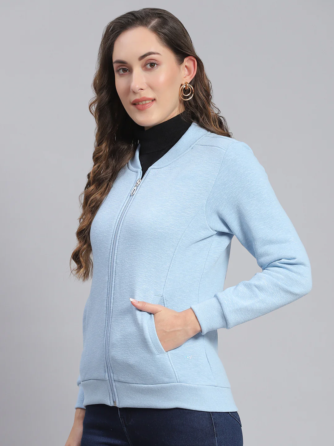 Women Blue Solid Mandarin Collar Full Sleeve Sweatshirts - Image 3