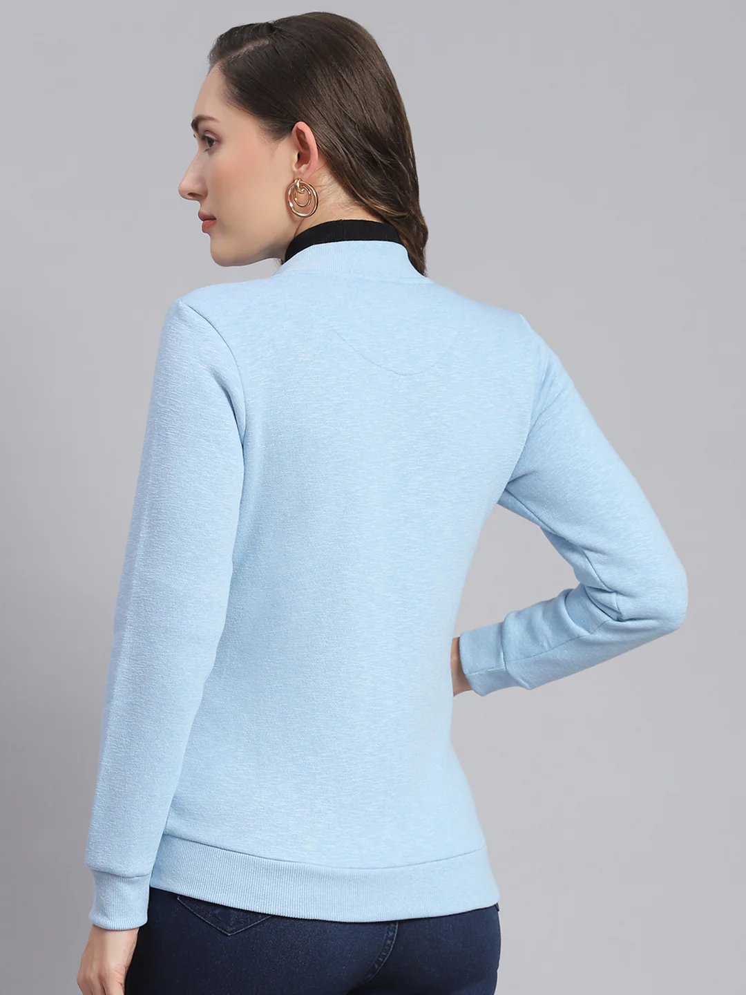 Women Blue Solid Mandarin Collar Full Sleeve Sweatshirts - Image 5